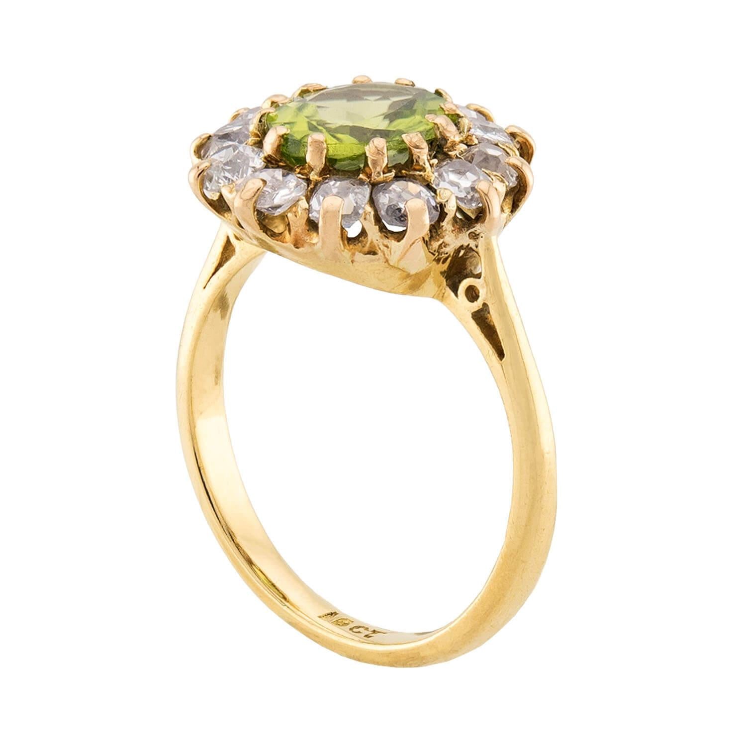 Edwardian English 18k Peridot & Diamond Halo Ring