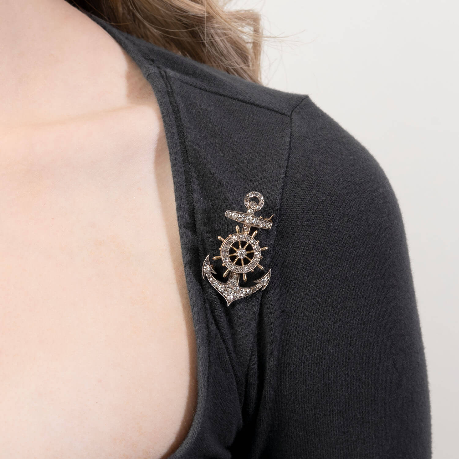 Victorian 15k/Sterling Diamond Anchor & Wheel Pin/Pendant