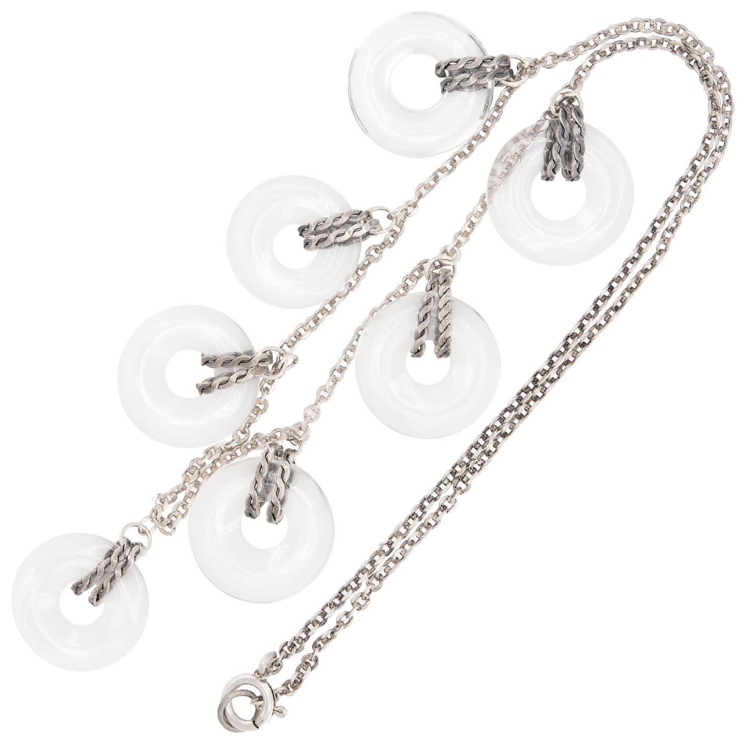Art Deco Sterling Silver Rock Quartz Crystal Disc Festoon Necklace