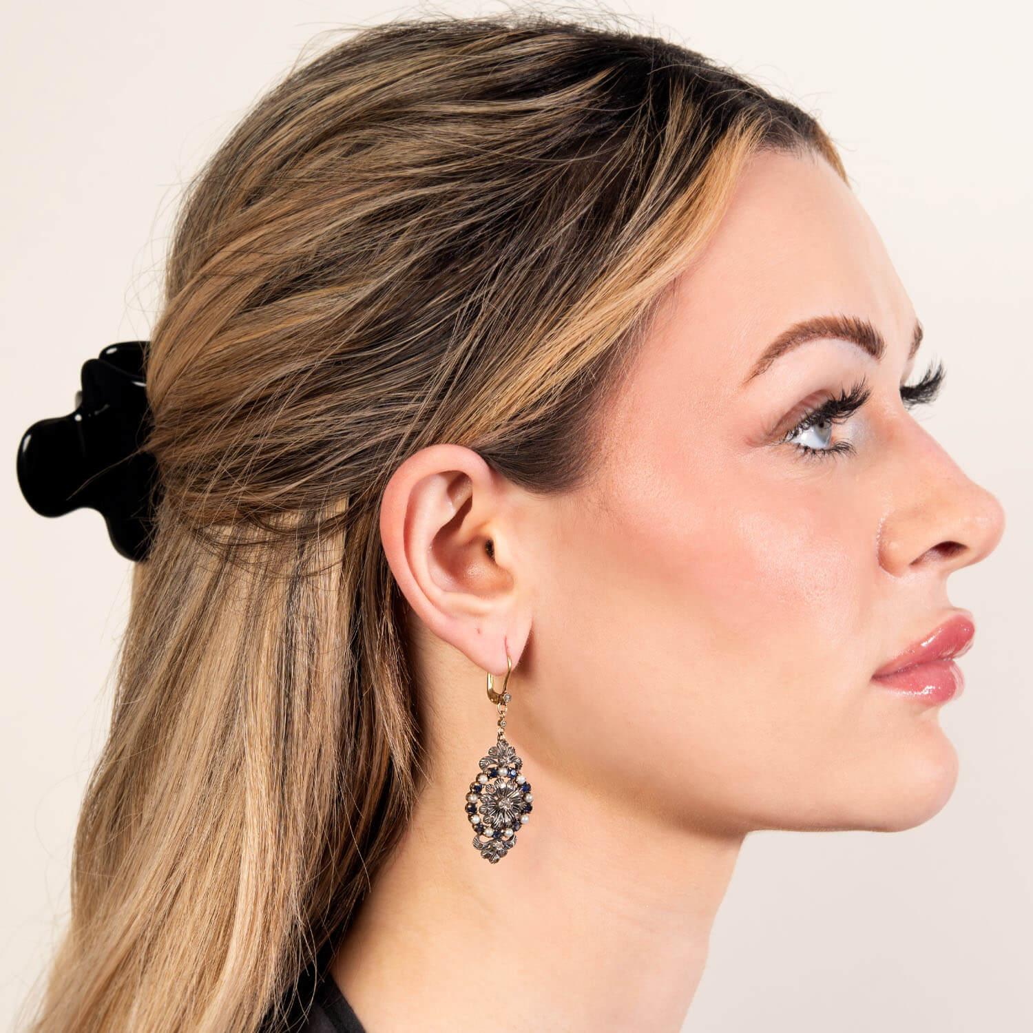 Georgian 14k/Sterling Sapphire, Pearl, & Diamond Dangle Earrings