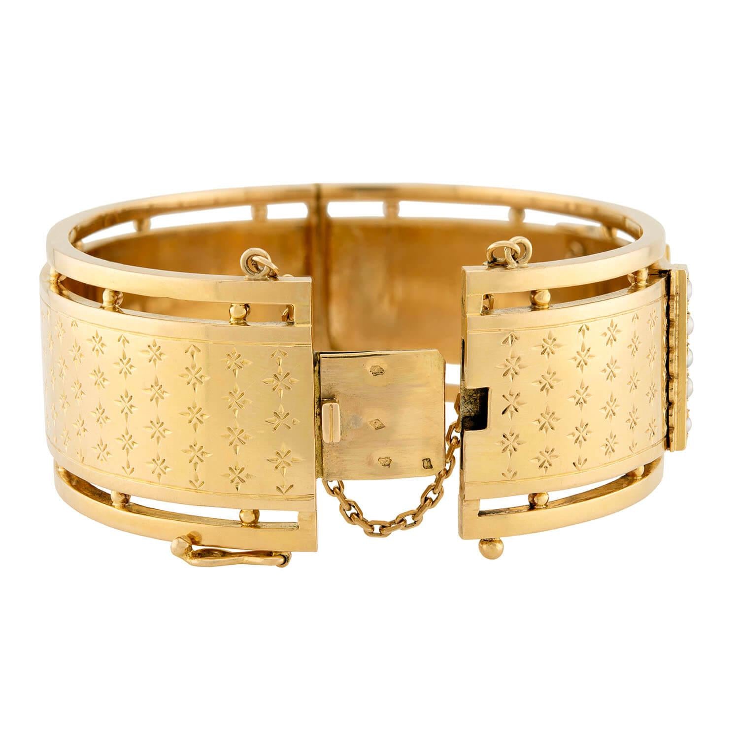 Victorian French 18k Pearl Hinged Cuff Bracelet