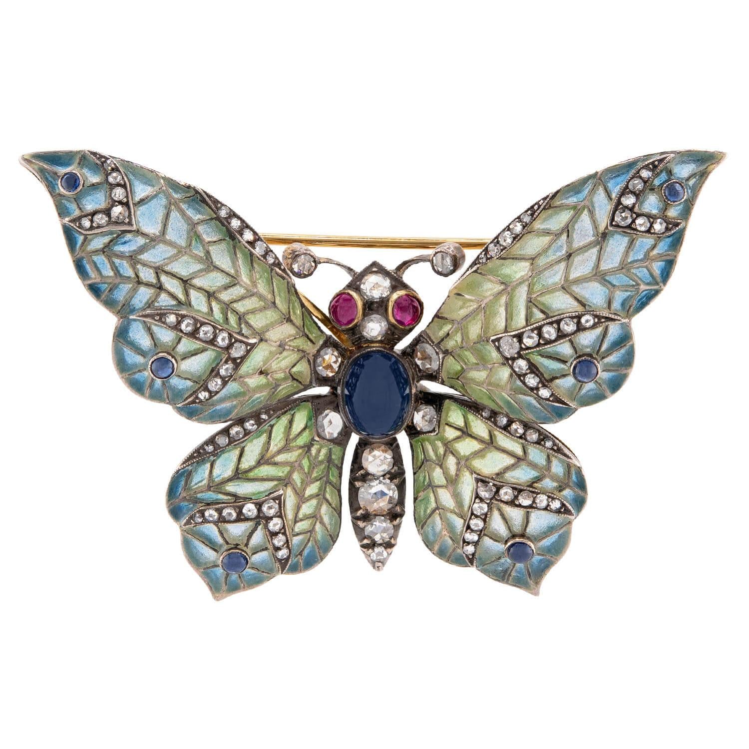 Edwardian 18k/Sterling Plique-À-Jour Sapphire, Ruby, & Diamond Butterfly Brooch