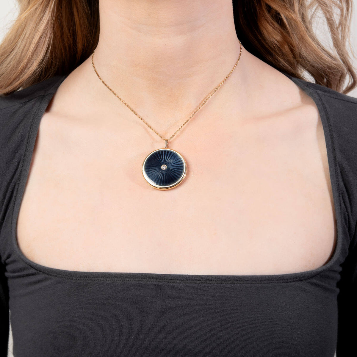 Victorian 14k Guilloche Enamel & Diamond Locket Pendant Necklace