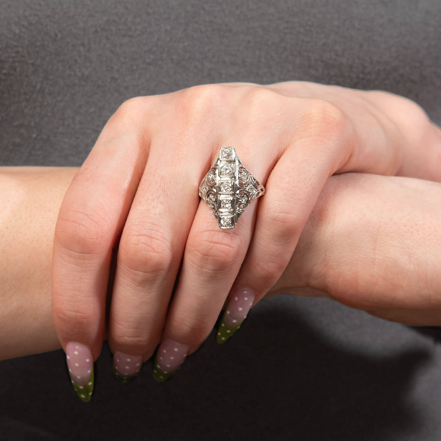 Retro 18k Diamond Navette Ring