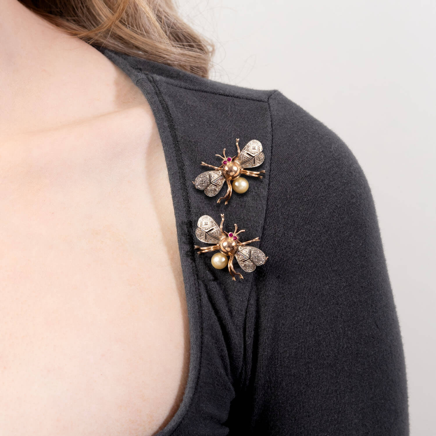 Art Nouveau 14k/Platinum Ruby, Pearl, & Diamond Bug Pin Set