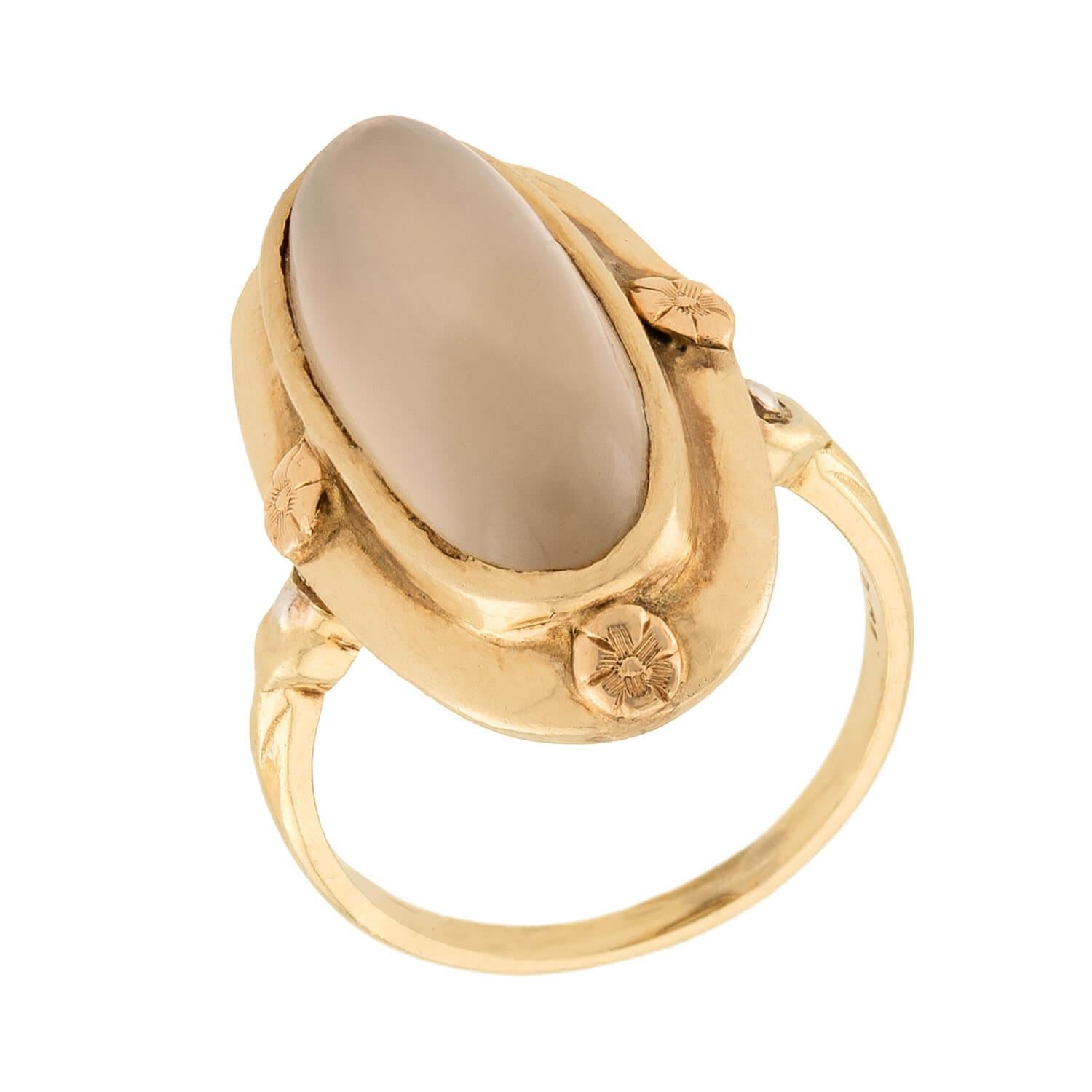 Arts & Crafts 14k Chalcedony Navette Ring