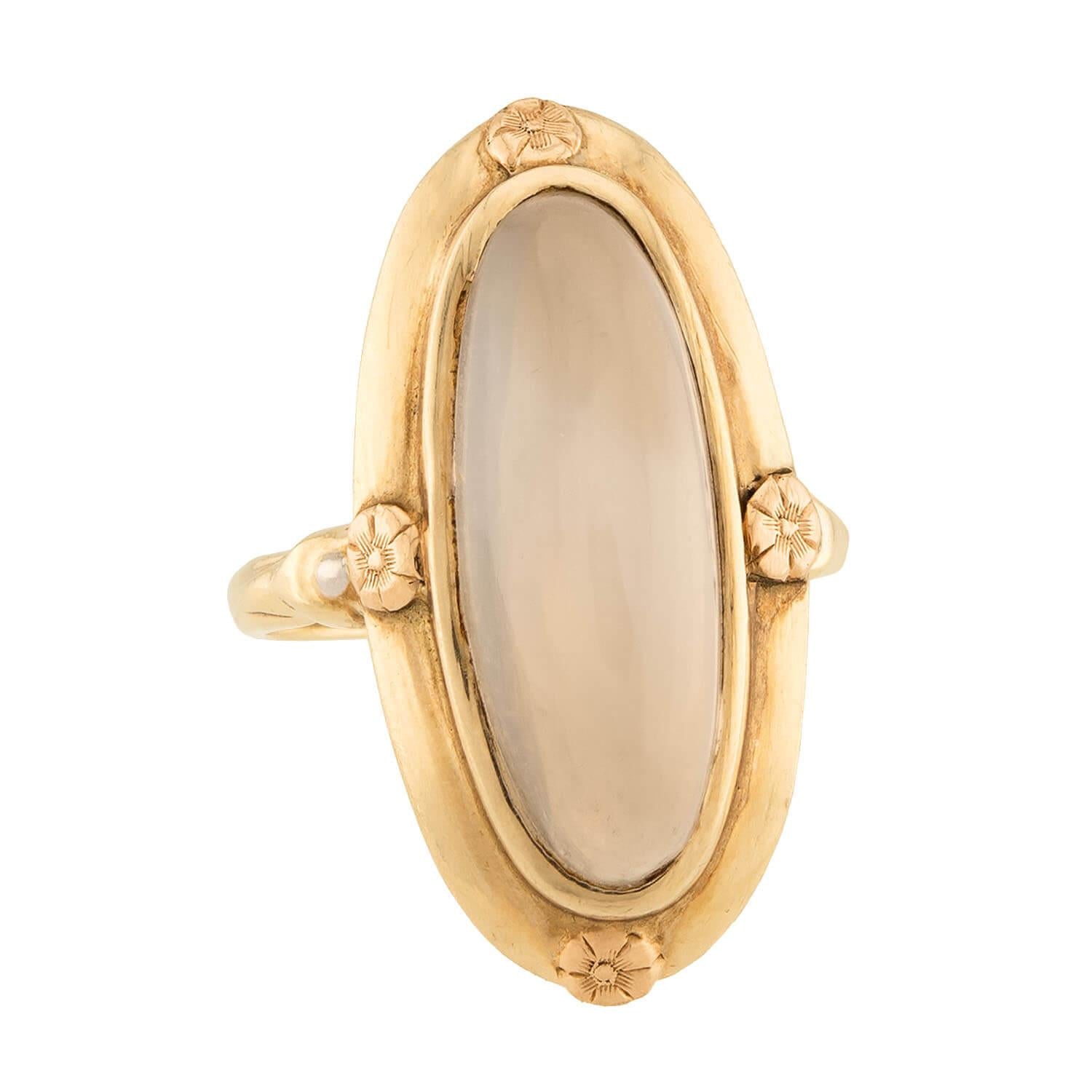 Arts & Crafts 14k Chalcedony Navette Ring