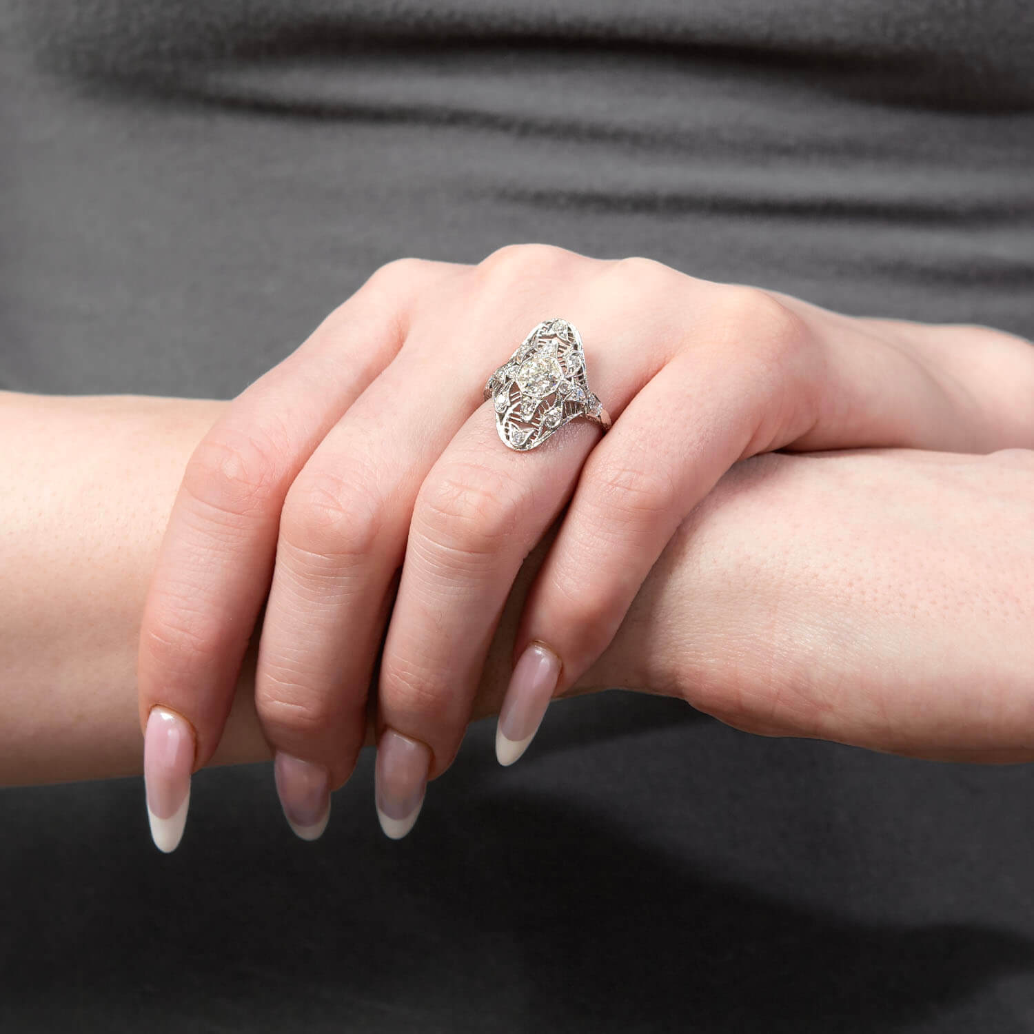 Edwardian Platinum Diamond Navette Ring