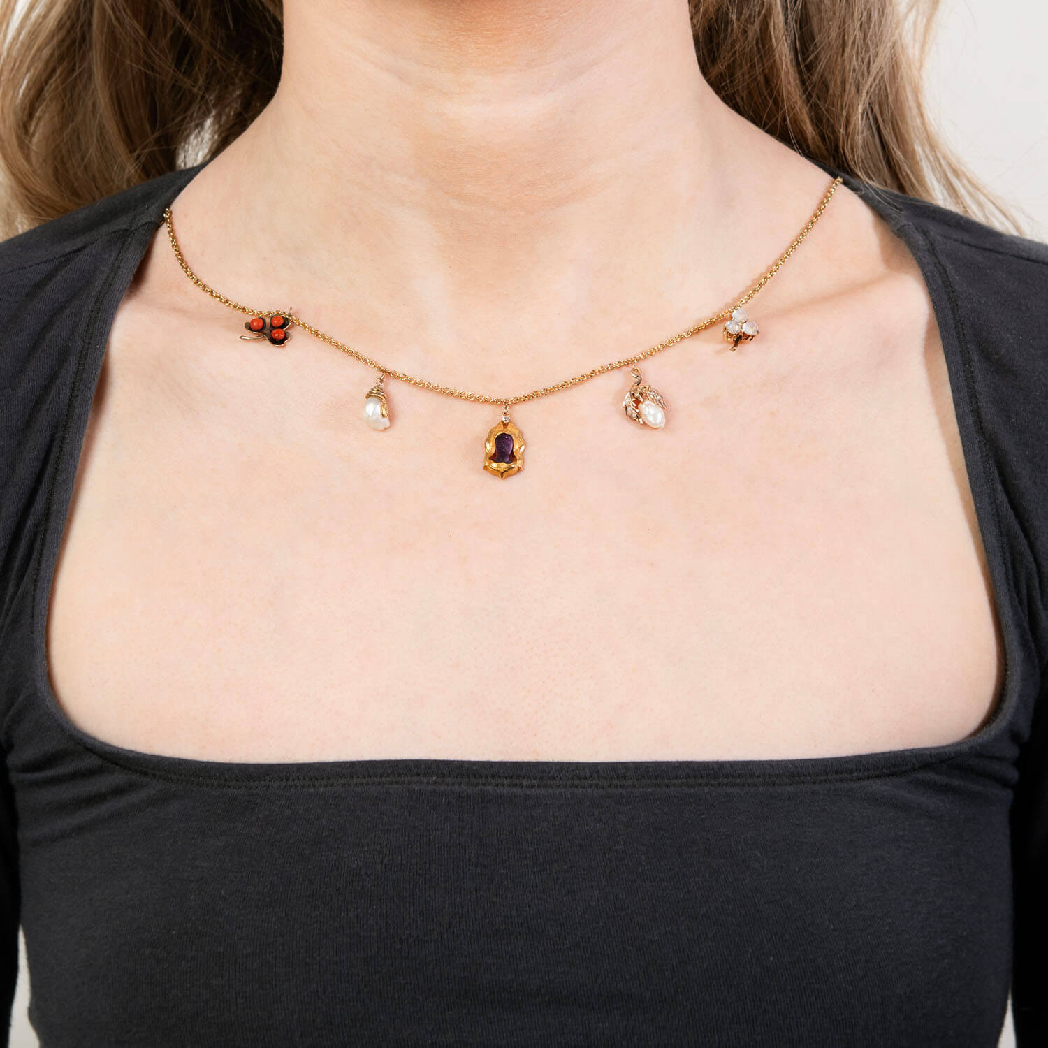 Victorian 14k Coral, Pearl, Amethyst, and Moonstone Charm Necklace