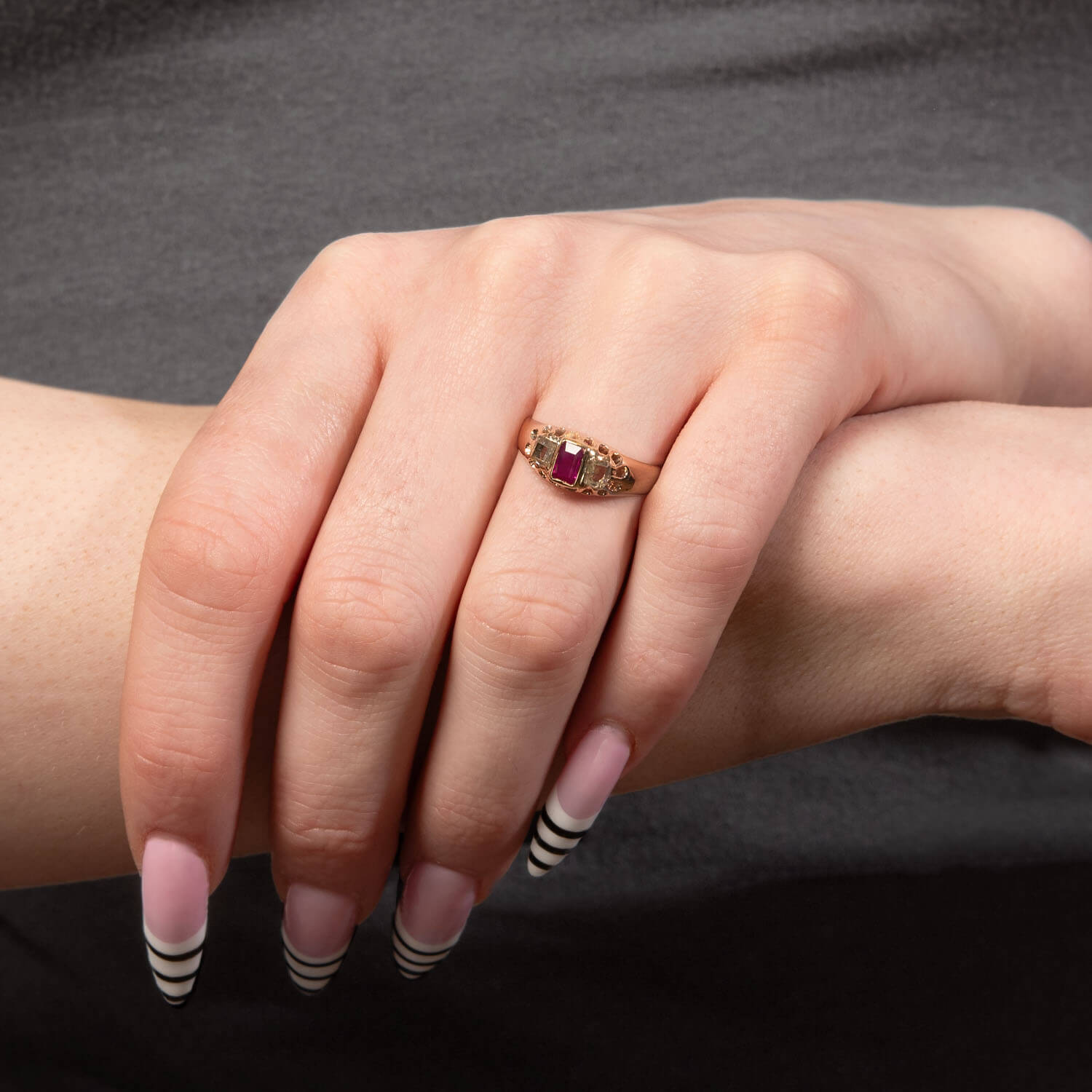 Victorian 14k Ruby & Diamond Three Stone Ring
