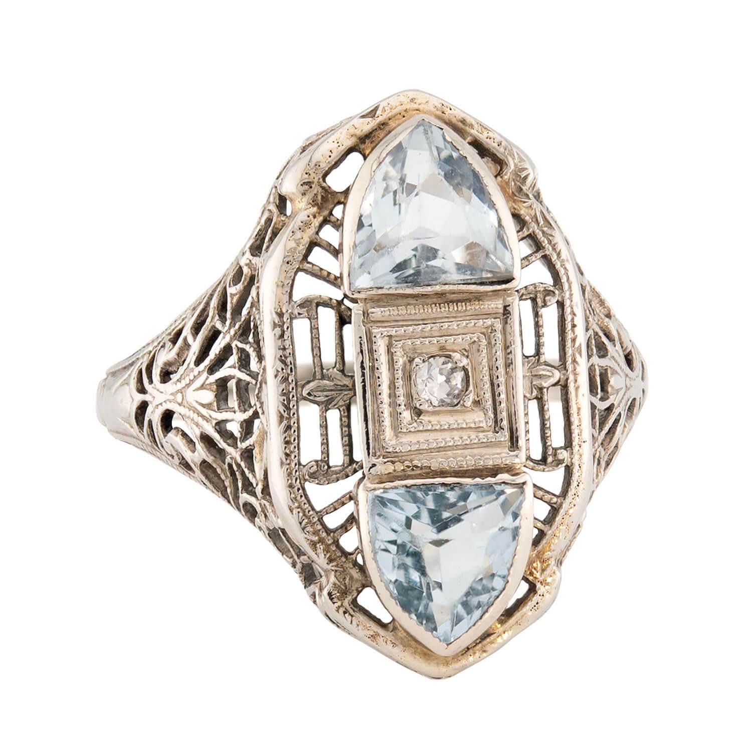 Art Deco 14k Aqua & Diamond Navette Ring