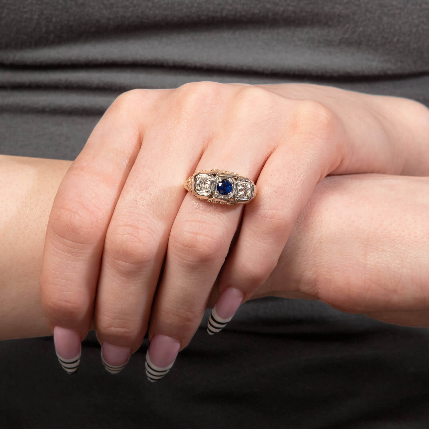 Edwardian 14k Sapphire & Diamond Three Stone Ring