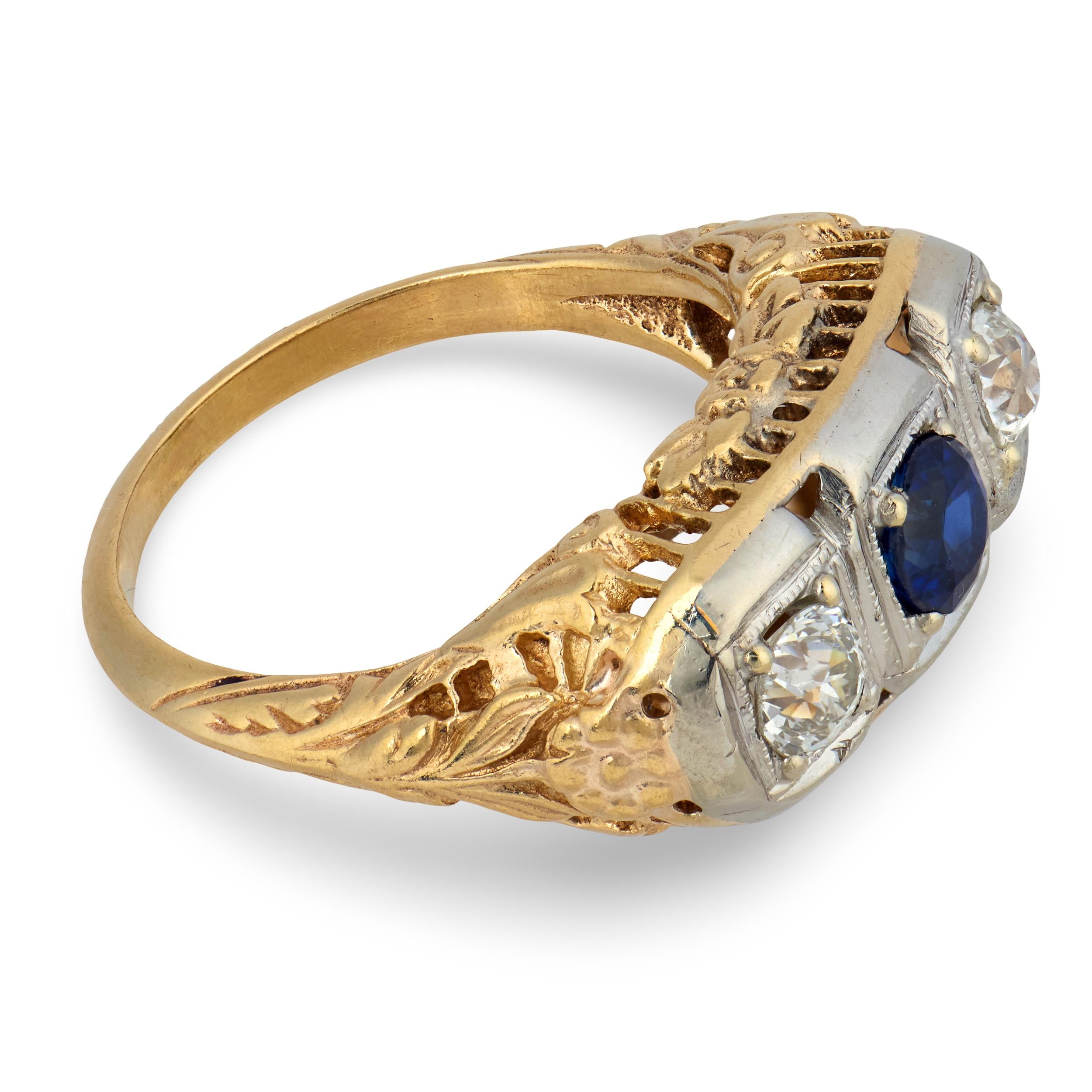 Edwardian 14k Sapphire & Diamond Three Stone Ring