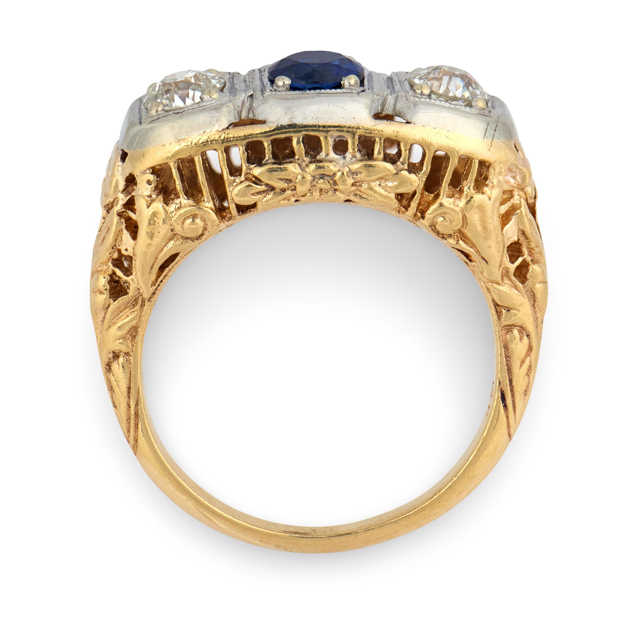 Edwardian 14k Sapphire & Diamond Three Stone Ring