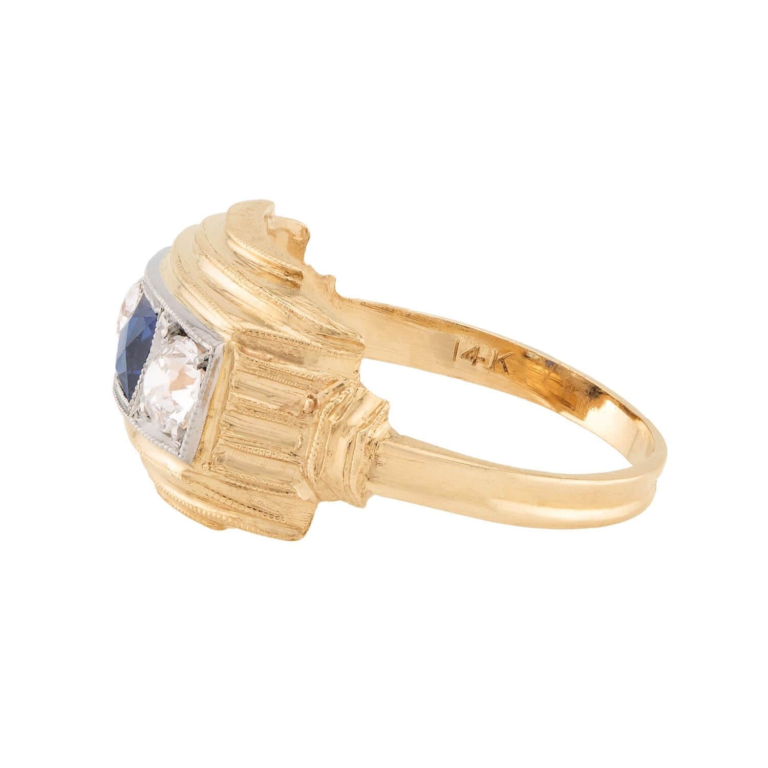 Retro 14k Sapphire & Diamond Three Stone Ring