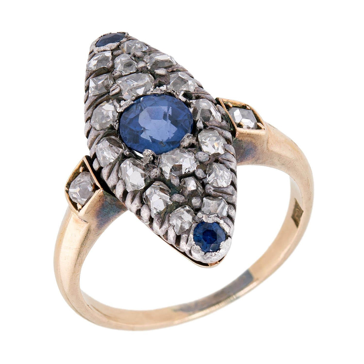 Victorian 14k/Sterling Silver Diamond & Sapphire Navette Ring