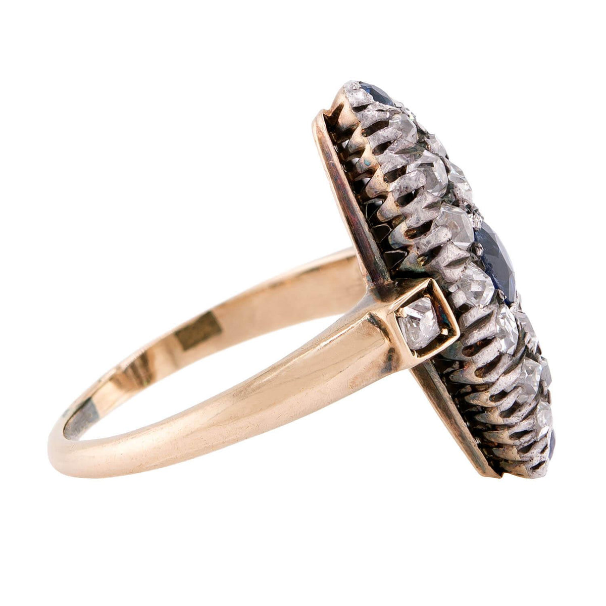 Victorian 14k/Sterling Silver Diamond & Sapphire Navette Ring