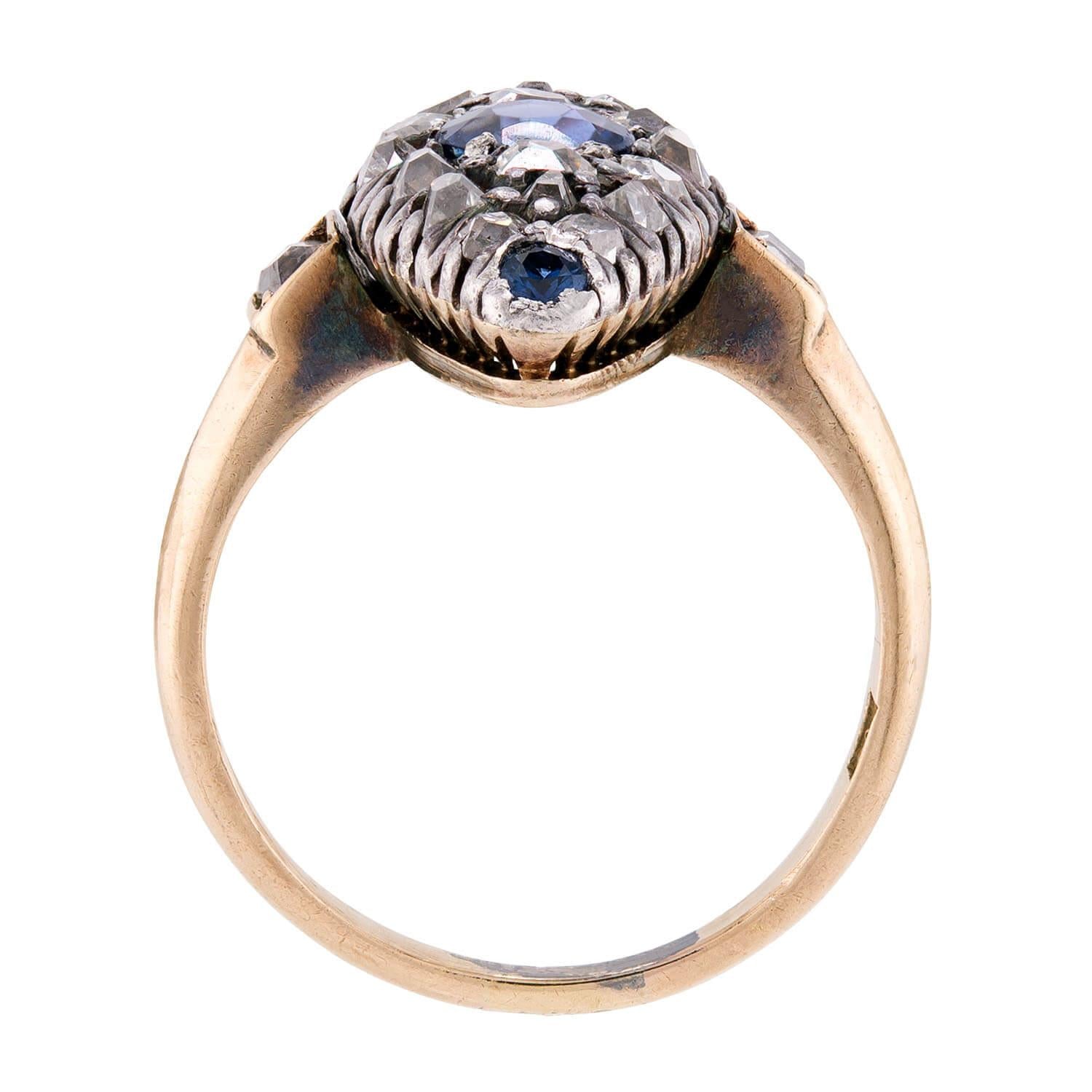 Victorian 14k/Sterling Silver Diamond & Sapphire Navette Ring