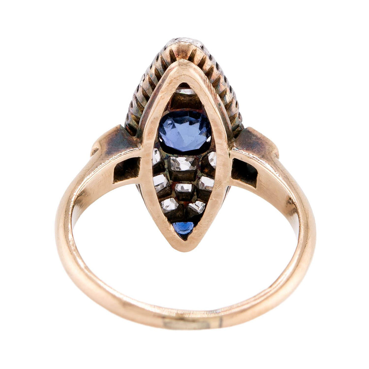 Victorian 14k/Sterling Silver Diamond & Sapphire Navette Ring