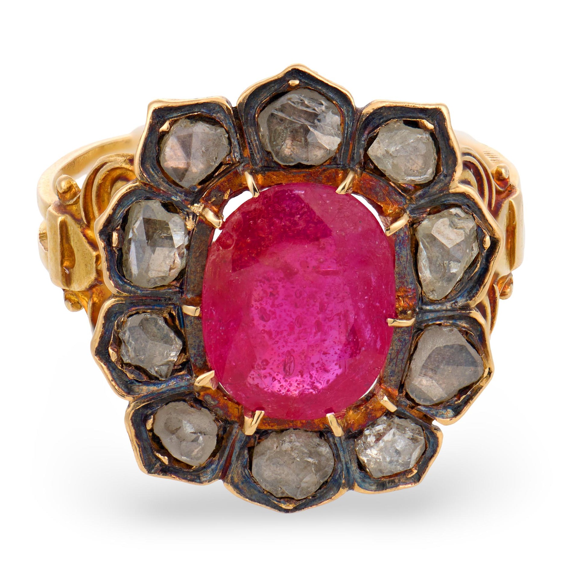 Georgian 18k/Sterling Silver Ruby & Diamond Halo Ring