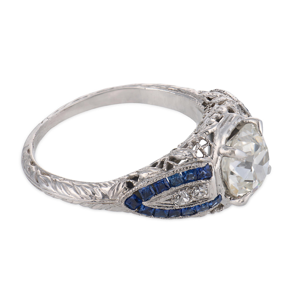 Art Deco Platinum Diamond & Sapphire Engagement Ring 1.59ct