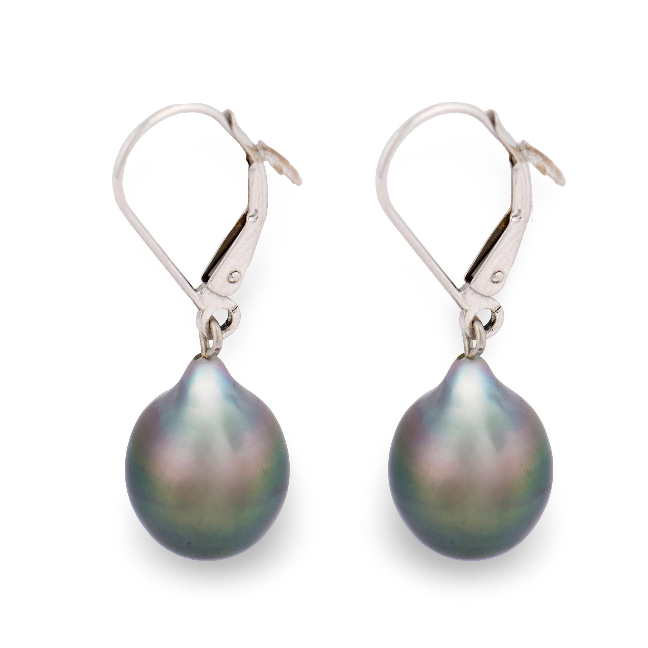 Estate 14k Black Tahitian Pearl Dangle Earrings 10mm
