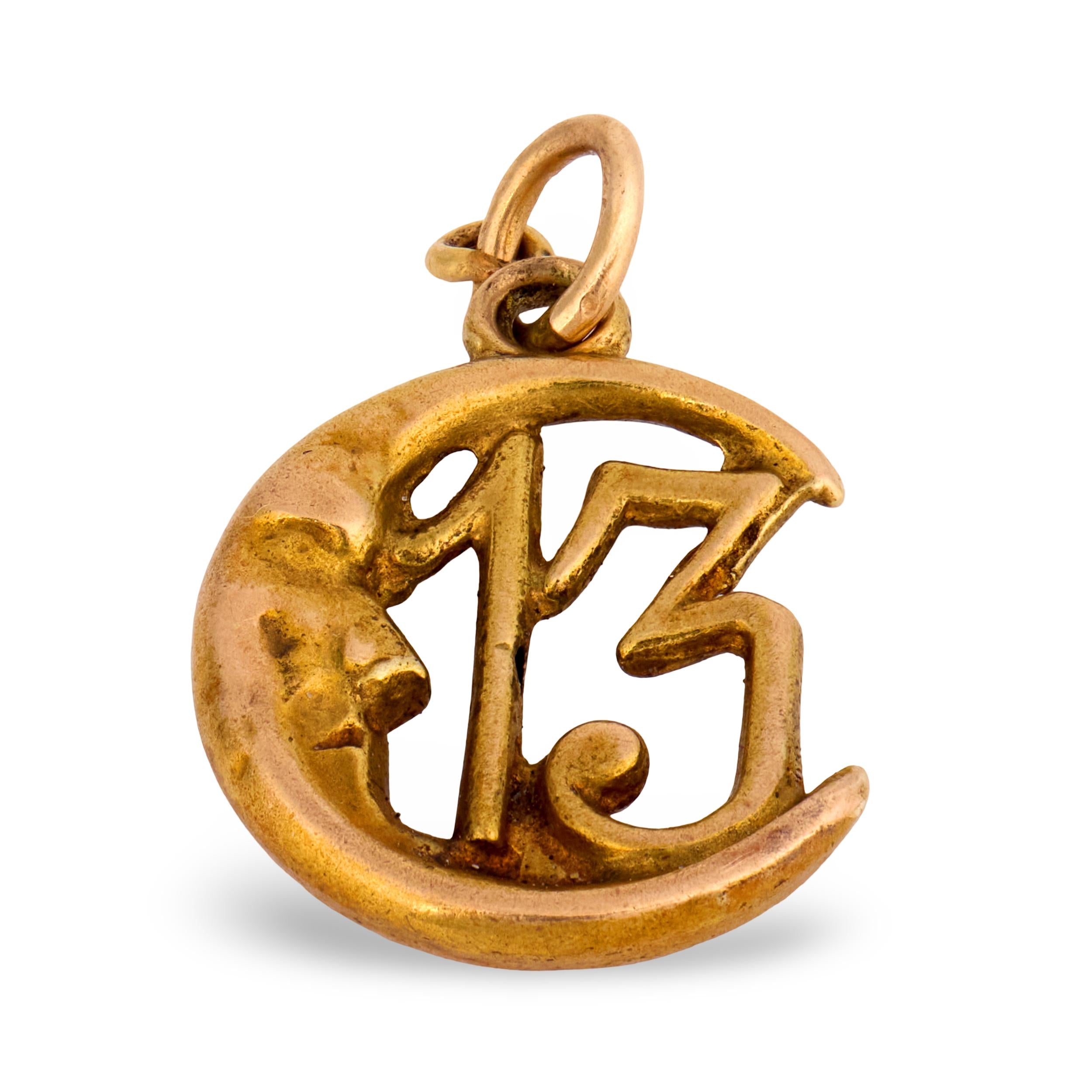 Art Nouveau 18k "13" Crescent-Motif Pendant/Charm