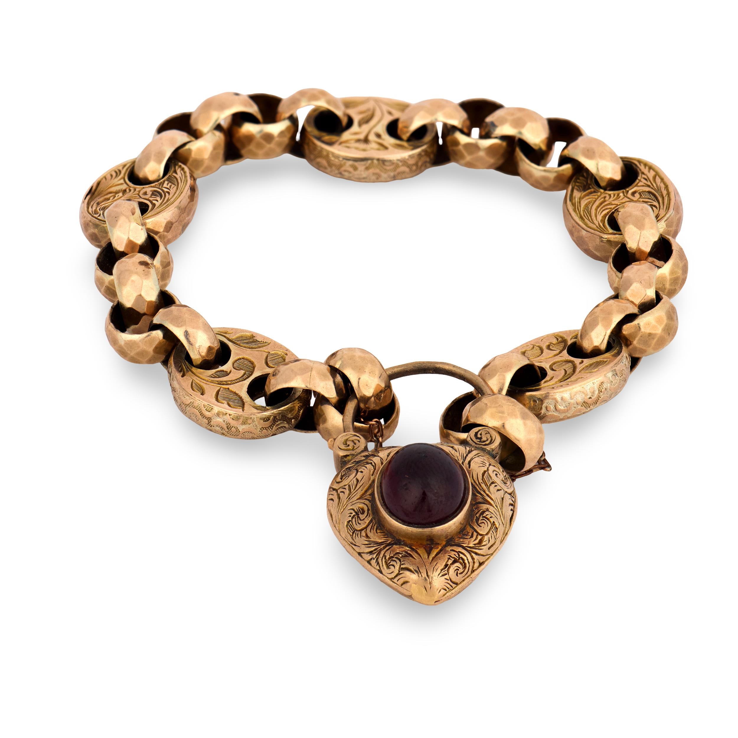 Victorian 9k Garnet Mariner Link Padlock Locket Bracelet