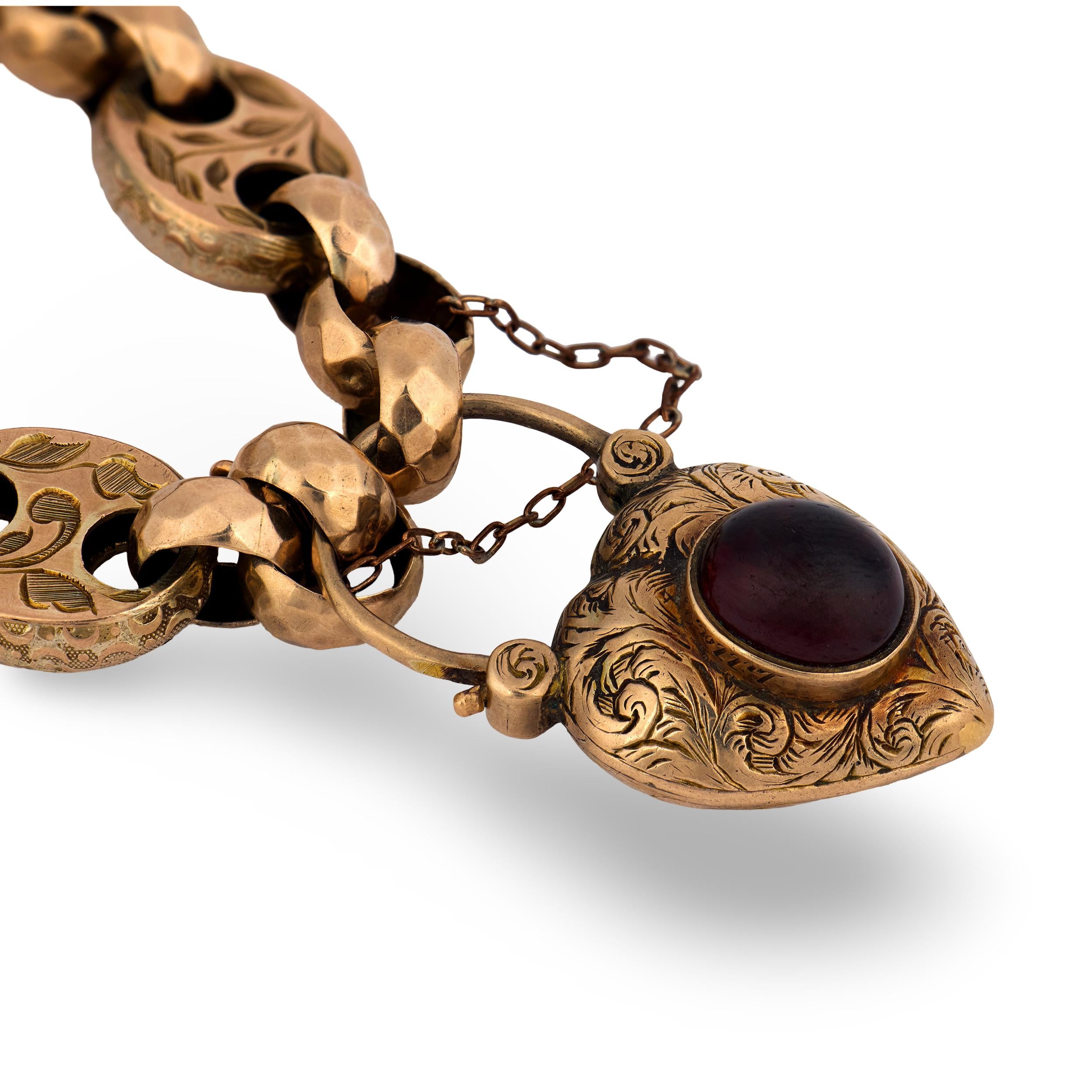 Victorian 9k Garnet Mariner Link Padlock Locket Bracelet