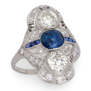 Edwardian Platinum Sapphire & Diamond Navette Ring