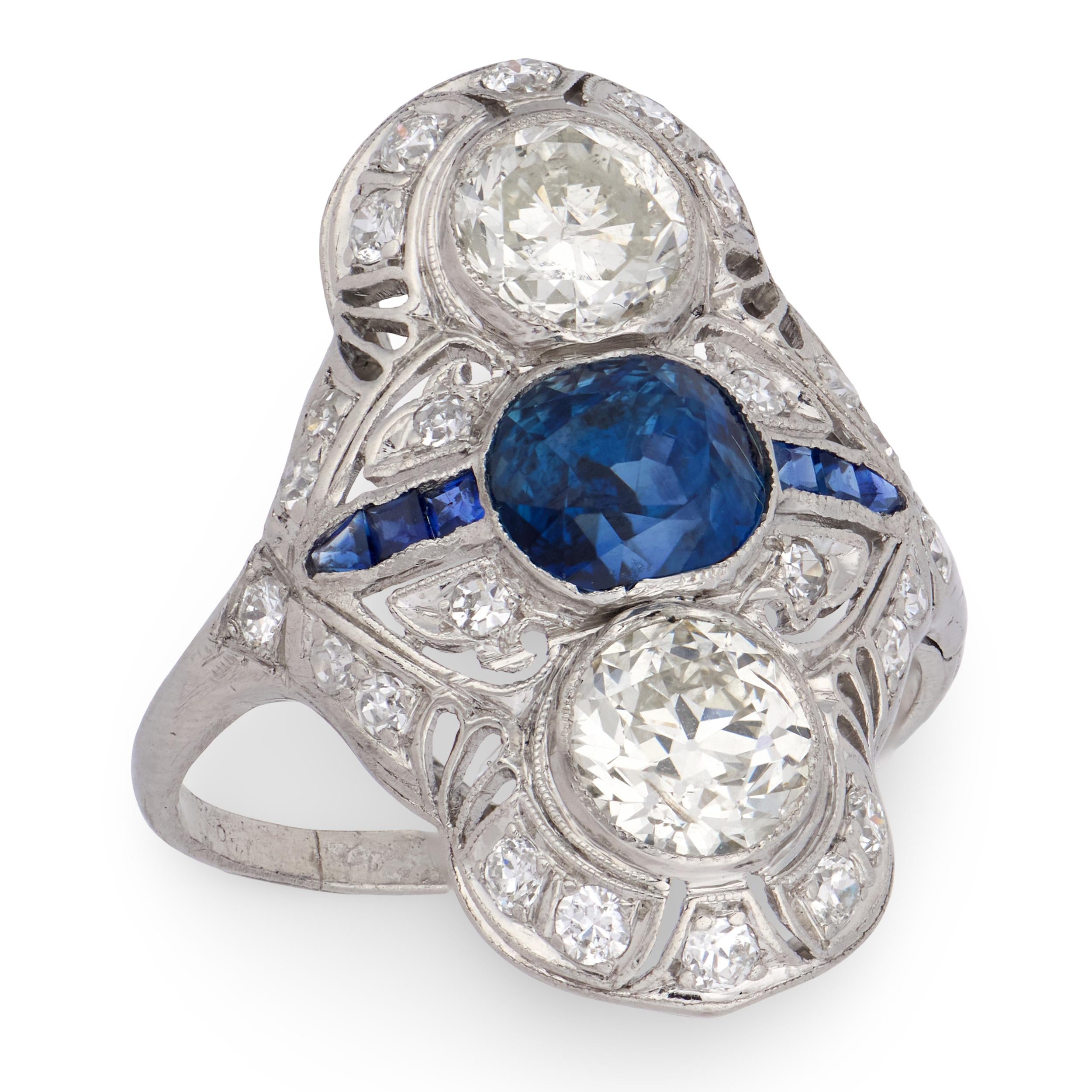 Edwardian Platinum Sapphire & Diamond Navette Ring