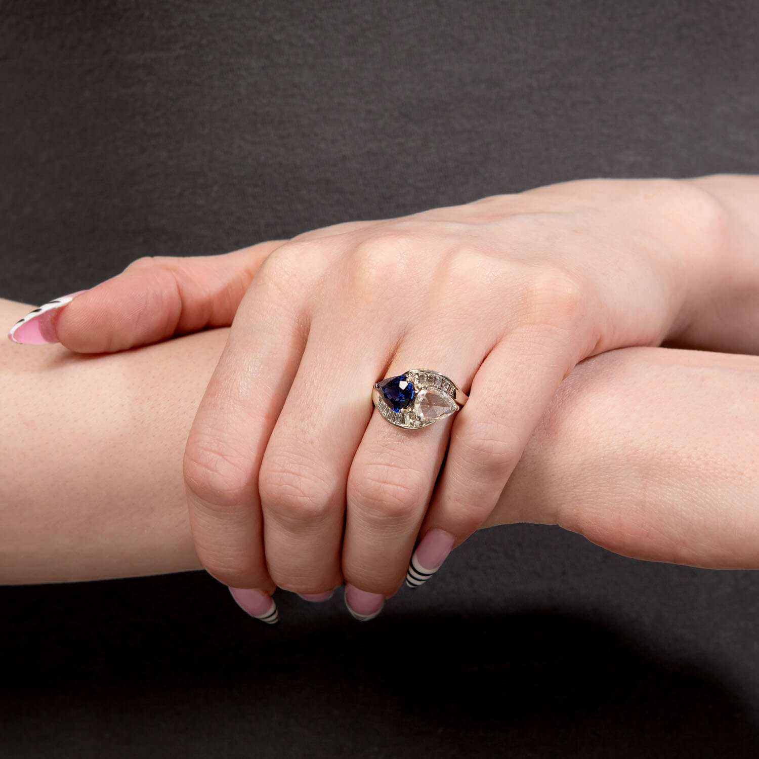 Art Deco 14k Sapphire & Diamond "Moi et Toi" Bypass Ring