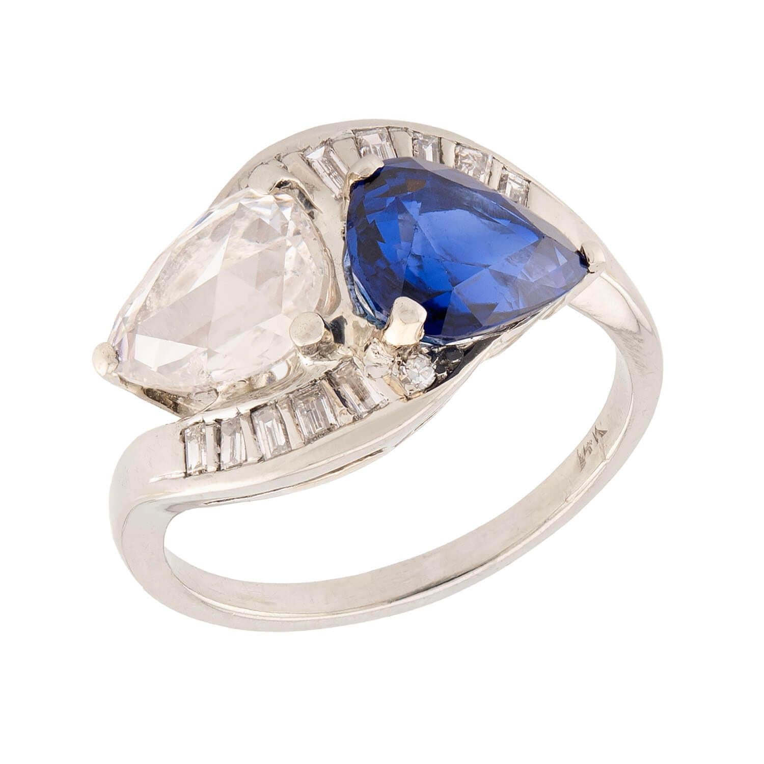 Art Deco 14k Sapphire & Diamond "Moi et Toi" Bypass Ring