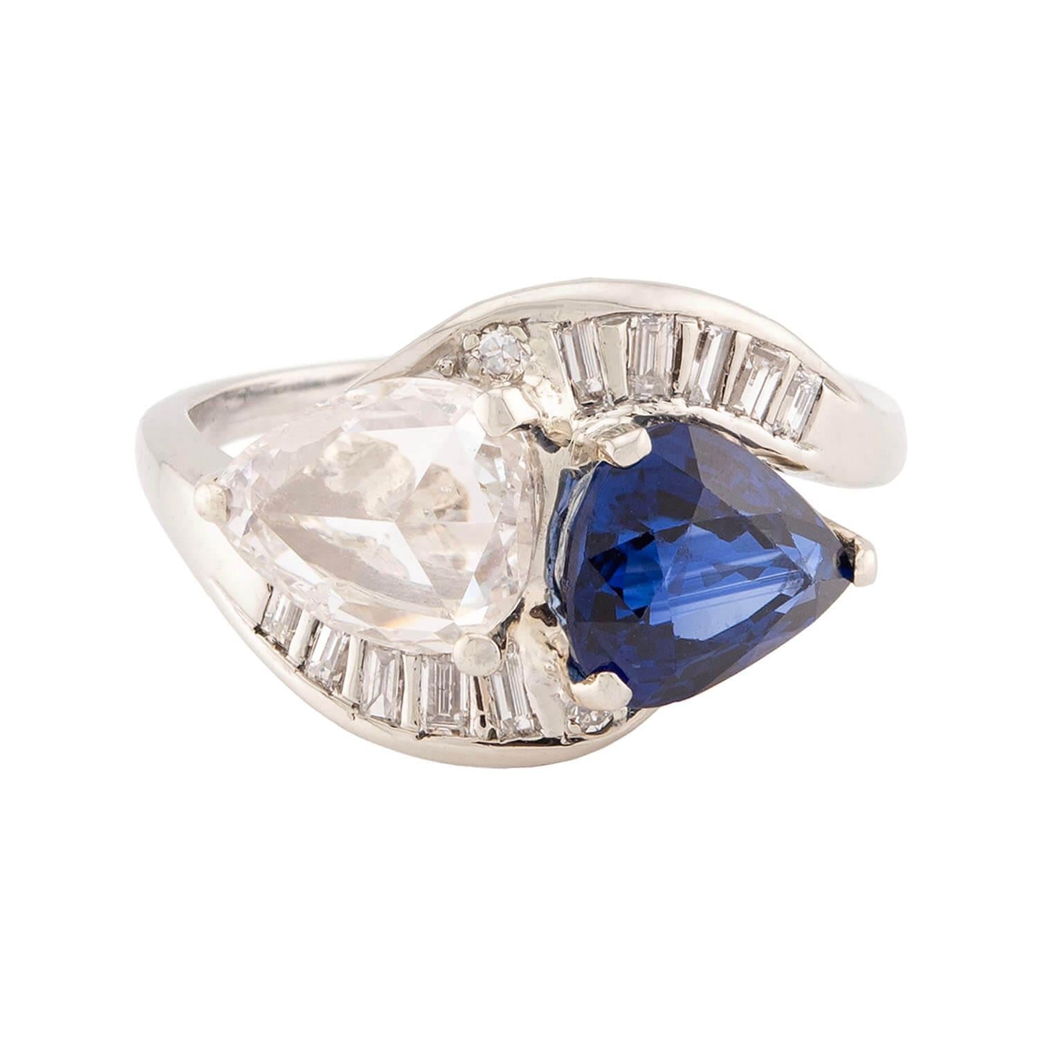Art Deco 14k Sapphire & Diamond "Moi et Toi" Bypass Ring
