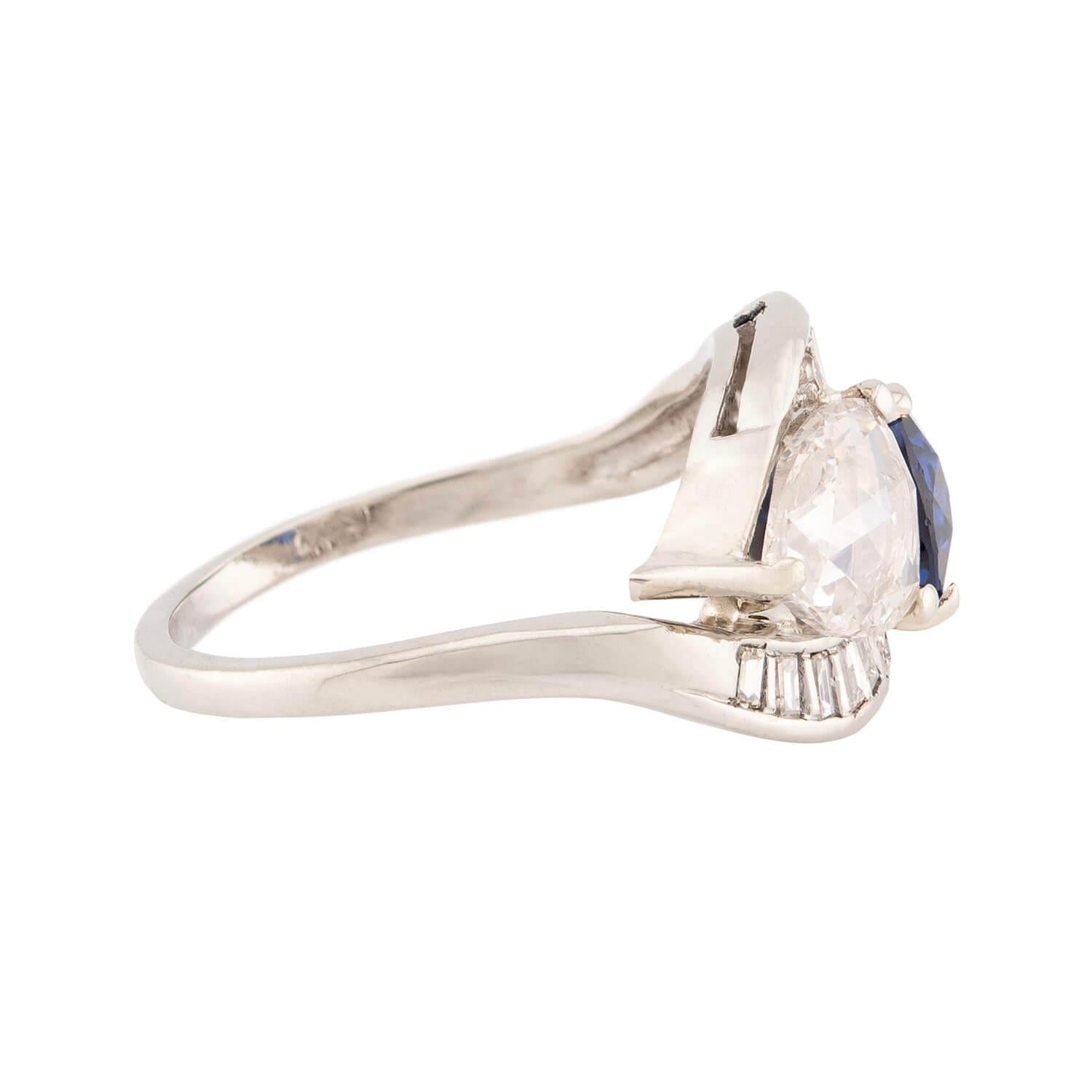 Art Deco 14k Sapphire & Diamond "Moi et Toi" Bypass Ring
