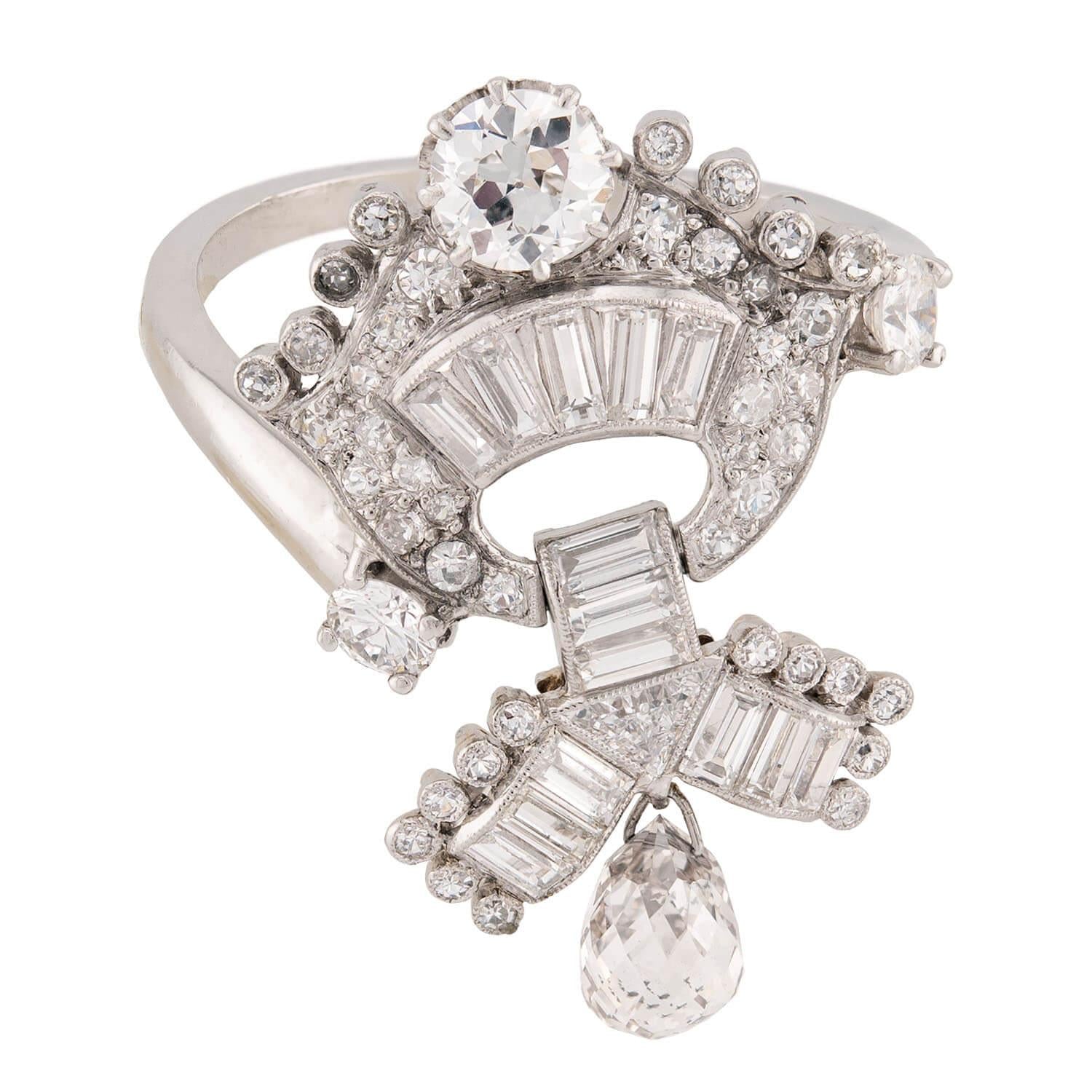 Art Deco Platinum Diamond Briolette Ring