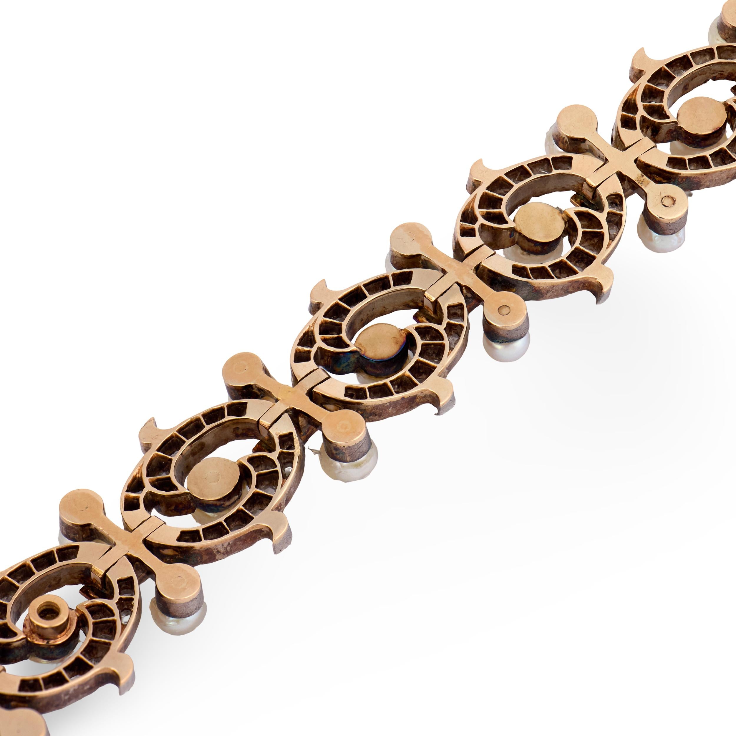 Victorian French 18k/Sterling Silver Diamond & Pearl Bracelet