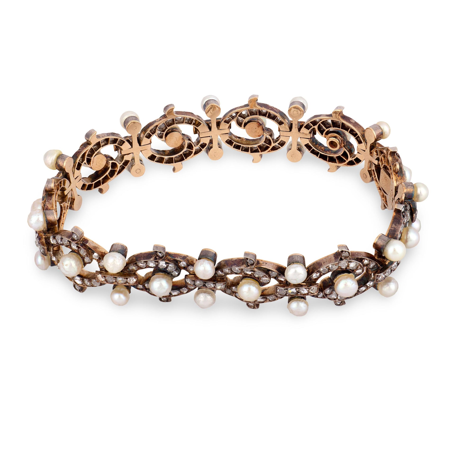 Victorian French 18k/Sterling Silver Diamond & Pearl Bracelet