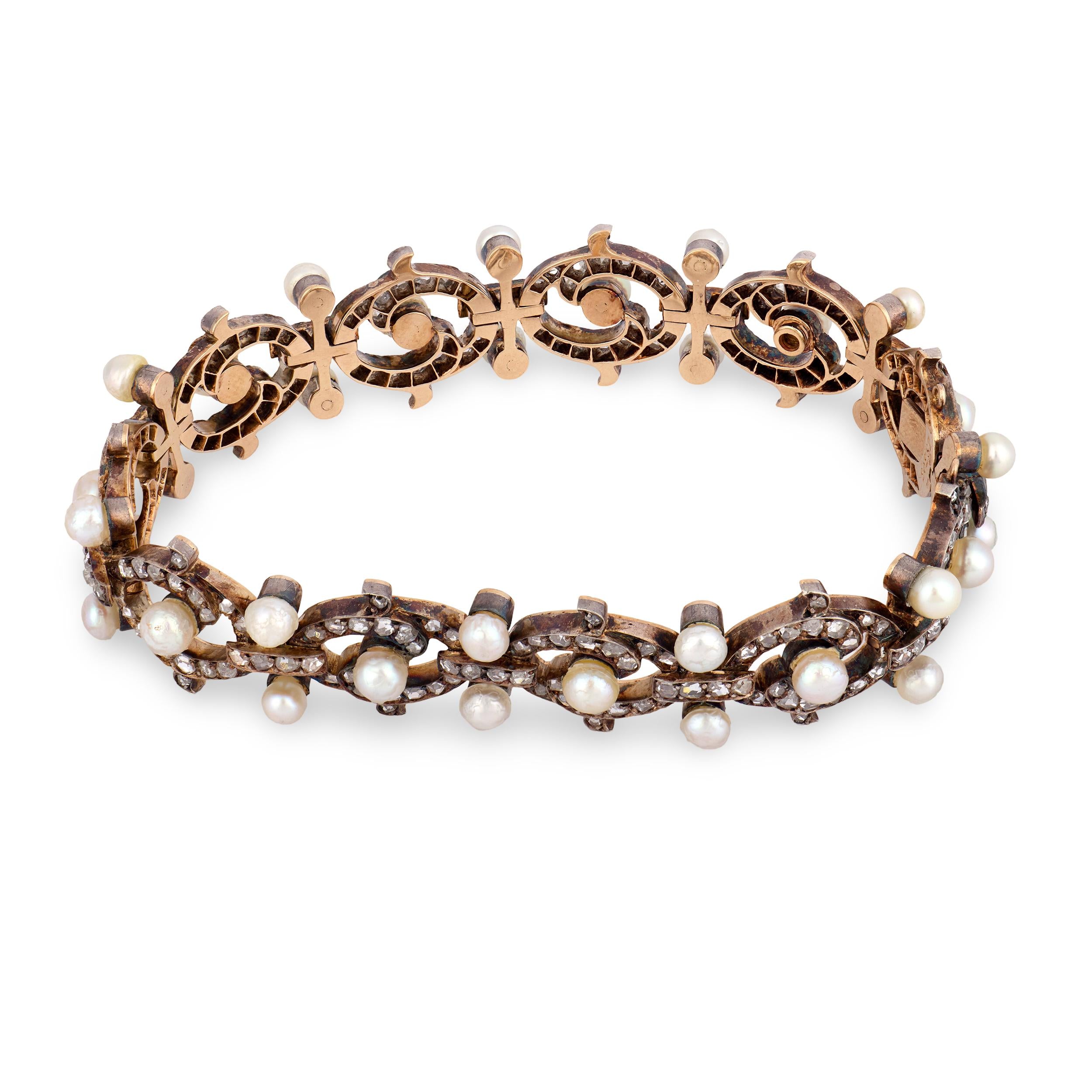 Victorian French 18k/Sterling Silver Diamond & Pearl Bracelet