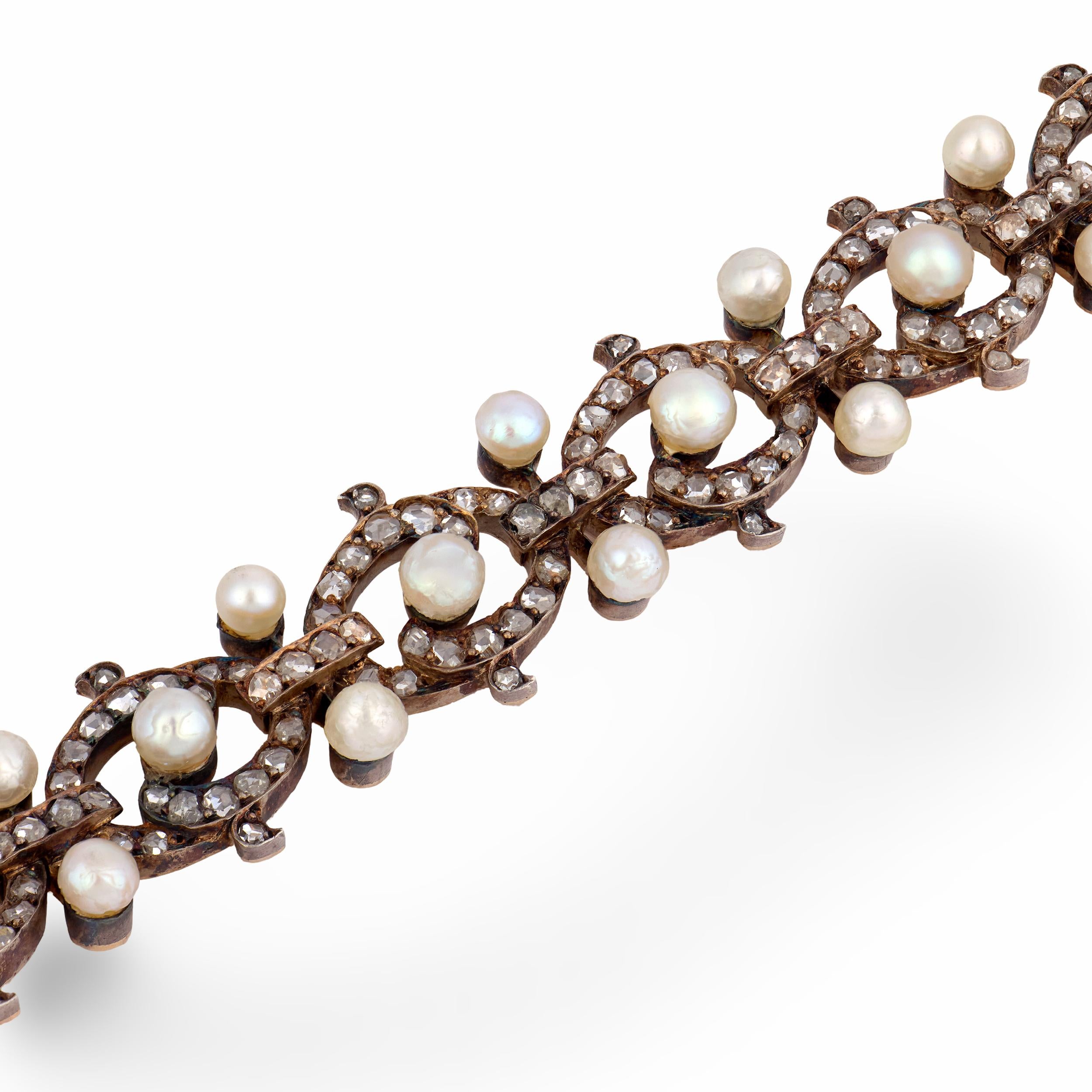 Victorian French 18k/Sterling Silver Diamond & Pearl Bracelet