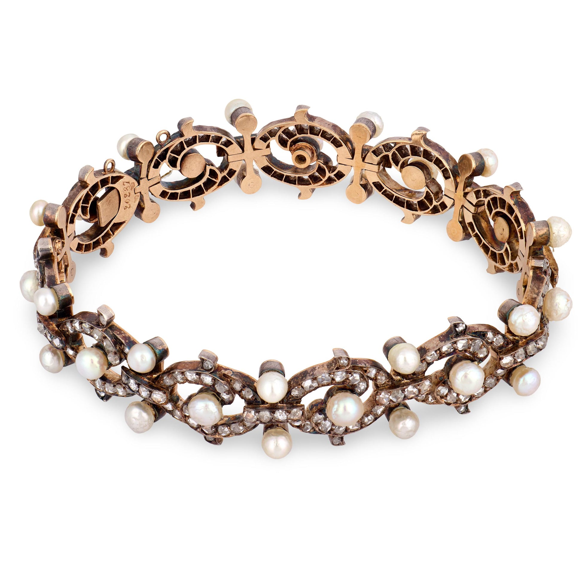 Victorian French 18k/Sterling Silver Diamond & Pearl Bracelet