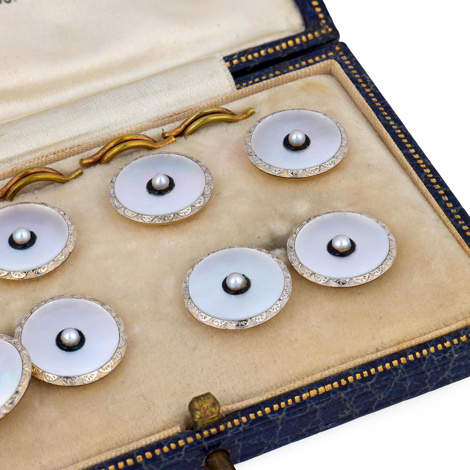 Edwardian 9k/Platinum Mother of Pearl, Pearl, & Enamel Cufflink Set