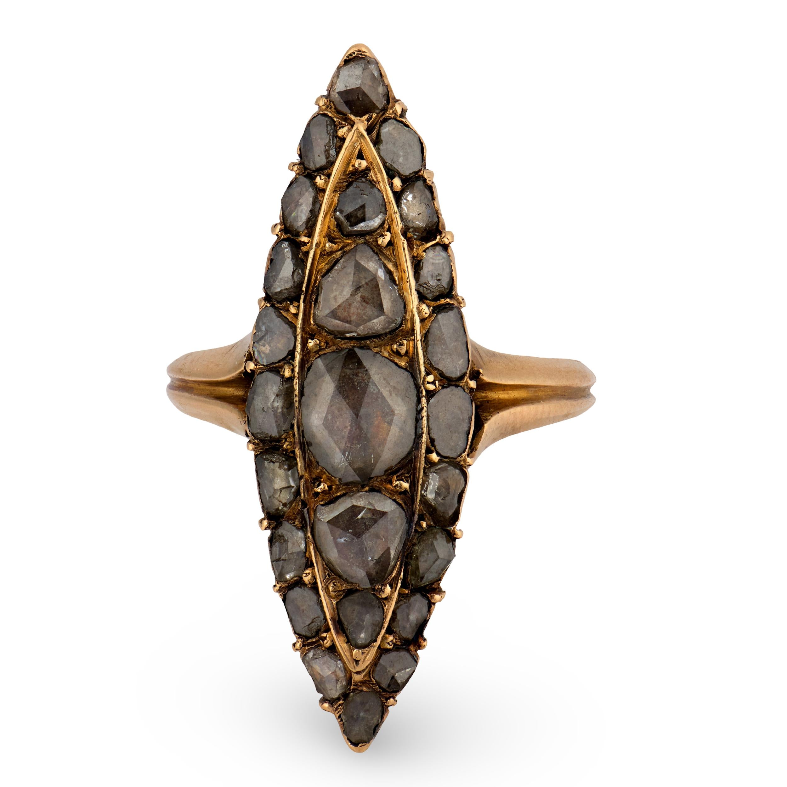 Georgian Russian 14k Diamond Navette Ring