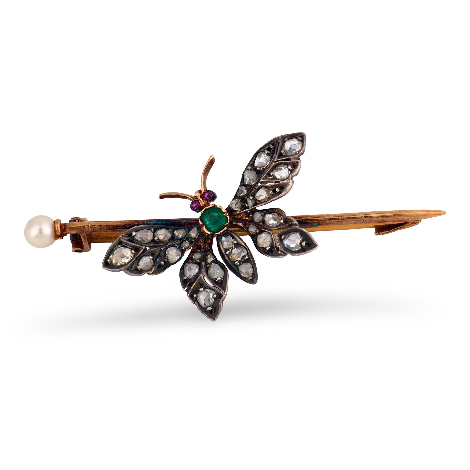 Victorian French 18k/ Silver Diamond, Emerald, Ruby, & Pearl Buttferly Pin