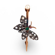 Victorian French 18k/ Silver Diamond, Emerald, Ruby, & Pearl Buttferly Pin