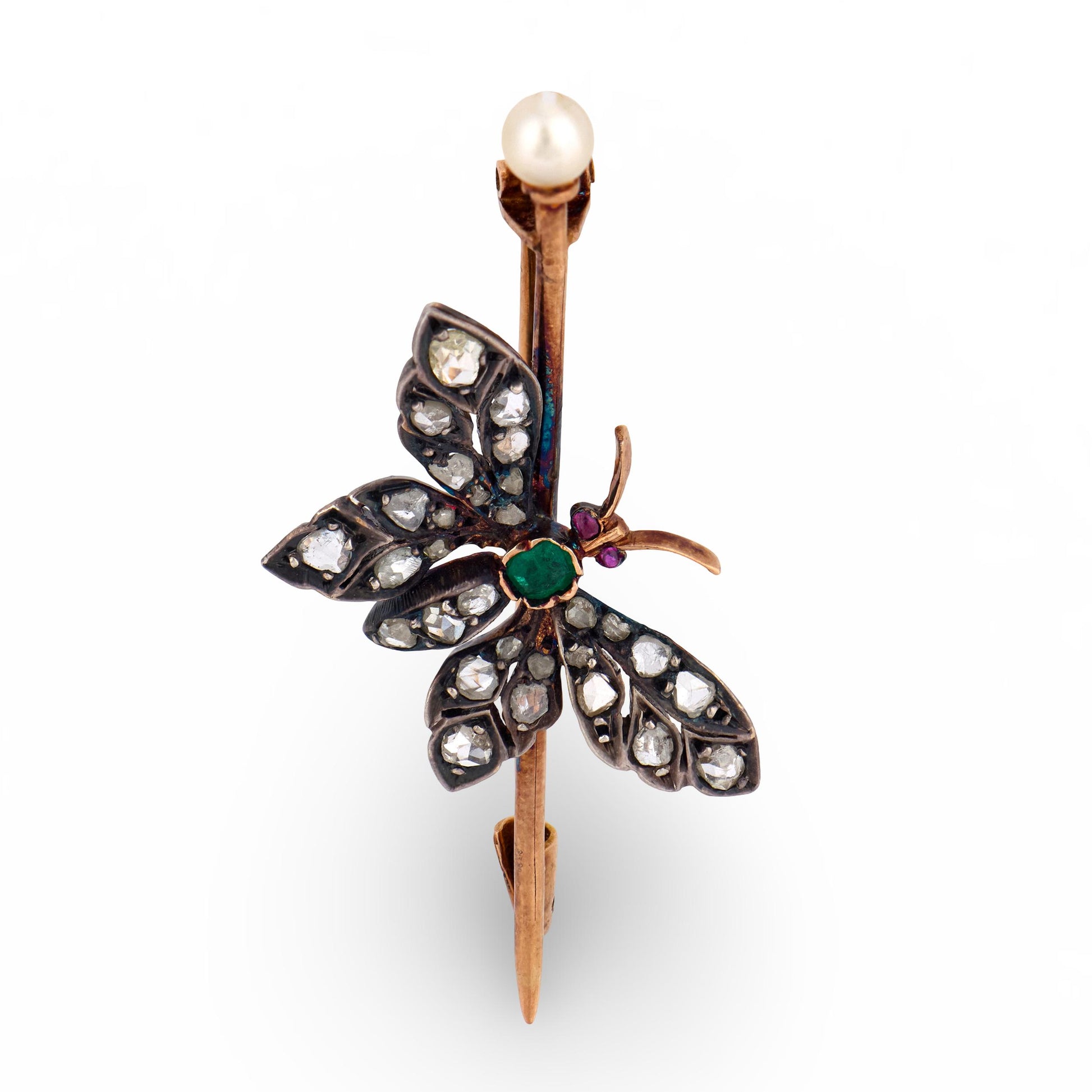 Victorian French 18k/ Silver Diamond, Emerald, Ruby, & Pearl Buttferly Pin