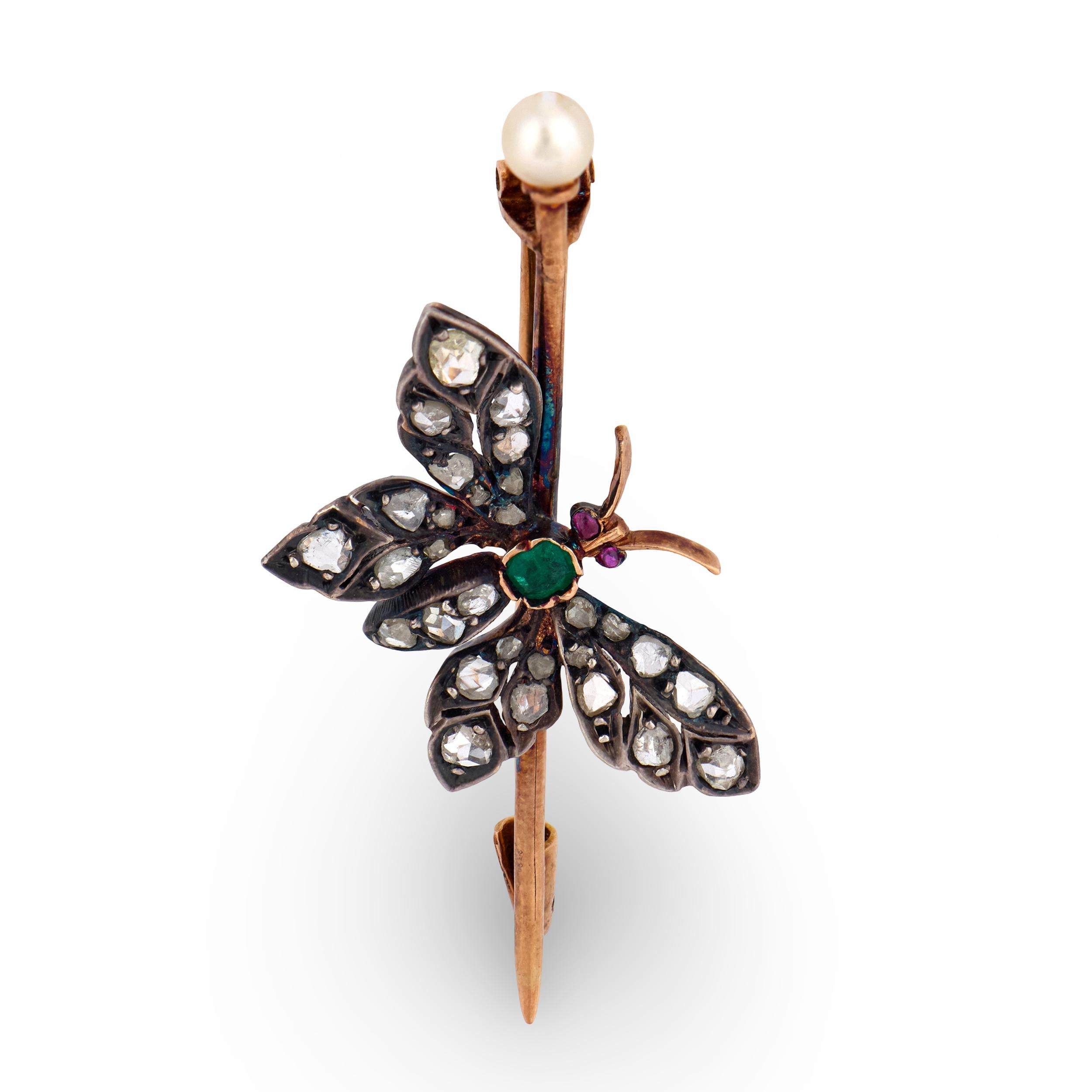 Victorian French 18k/ Silver Diamond, Emerald, Ruby, & Pearl Buttferly Pin