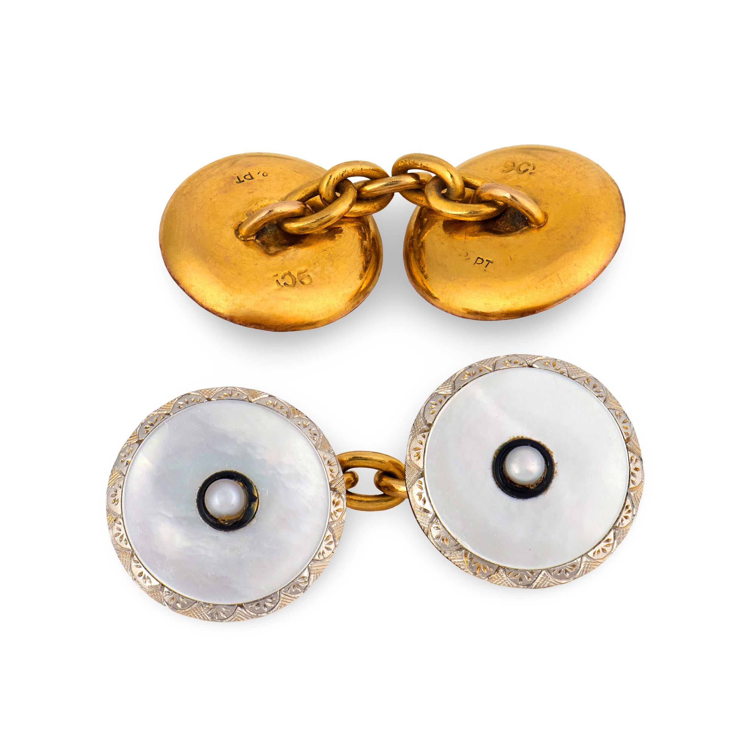 Edwardian 9k/Platinum Mother of Pearl, Pearl, & Enamel Cufflink Set