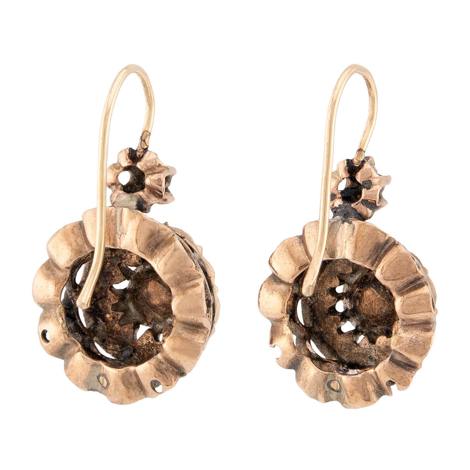 Victorian 14k Diamond Halo Floral-Motif Drop Earrings