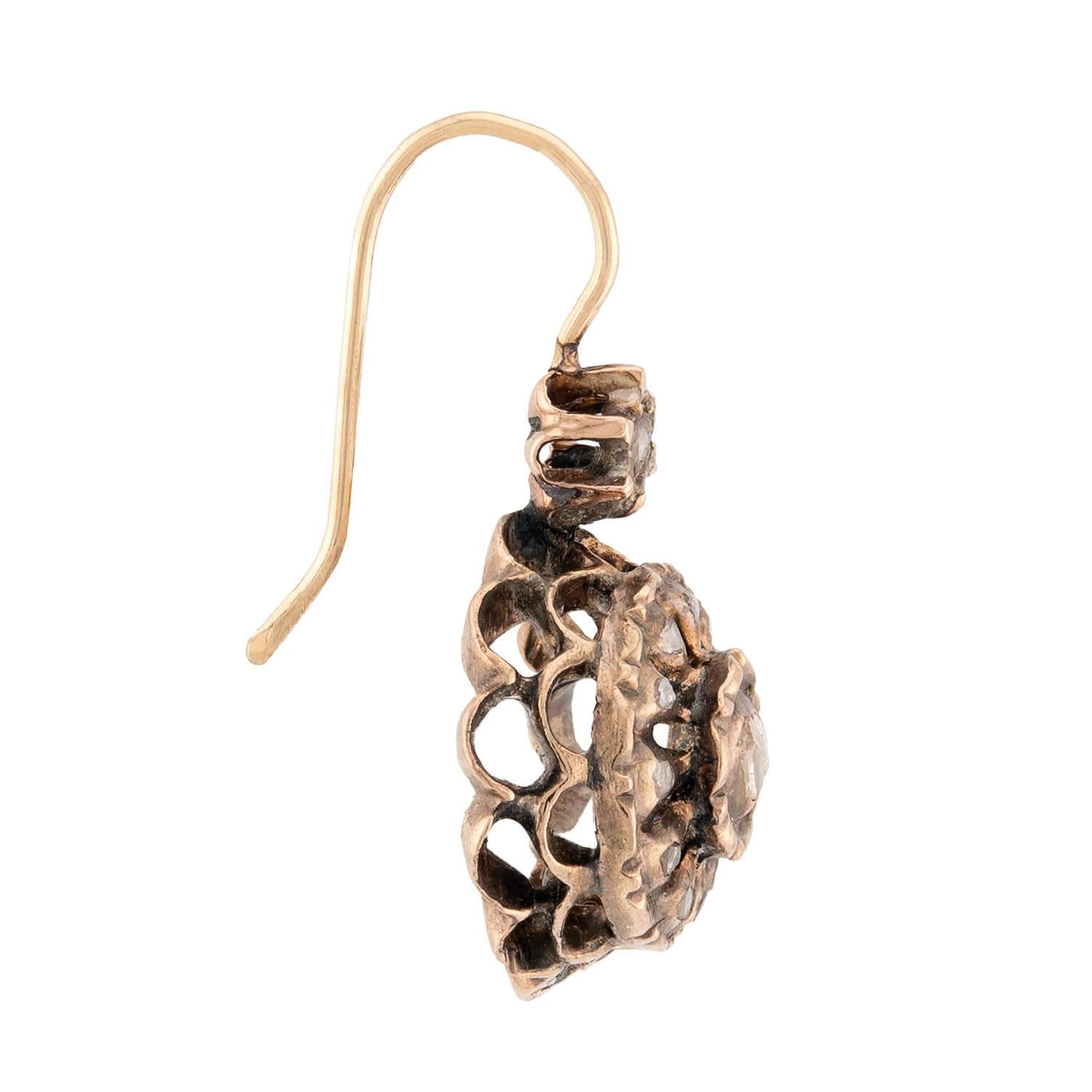 Victorian 14k Diamond Halo Floral-Motif Drop Earrings